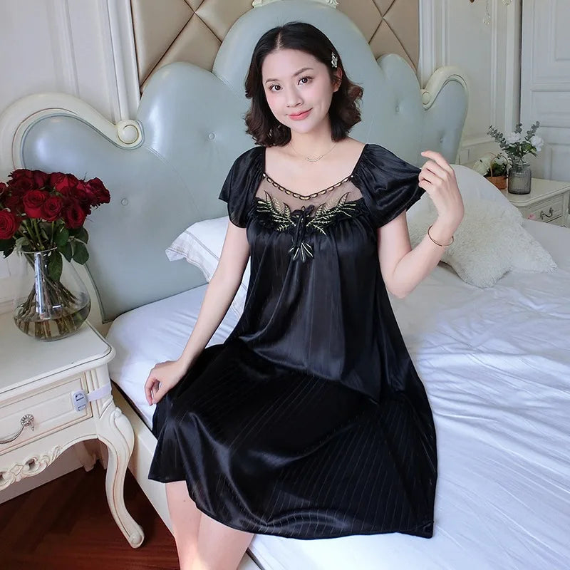 Women’s Ice Silk Nightgown – Medium-Length Short Sleeve Sexy Sleepwear, Loungewear & Home Pyjama for Ladies