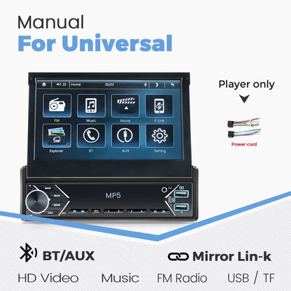 Carplay Android Auto 1 Din MP5 Player - 7 Inch Retractable Touch Screen, FM Radio, Mirror Link, Manual & Automatic Car Player