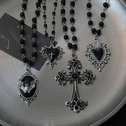 Gothic Bat Cross Necklace Set - Y2K Thorn Love Black Beaded Layered Jewelry for Halloween Parties