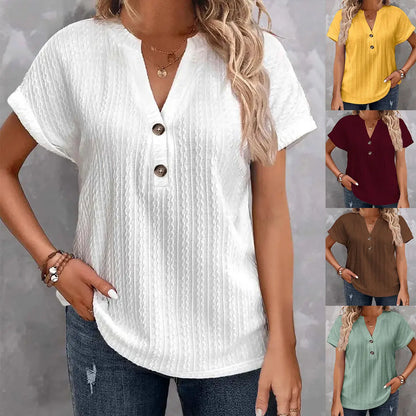 Women’s Casual Short Sleeve V-Neck Button Blouse – Loose Fit Summer Pullover Fashion Shirt