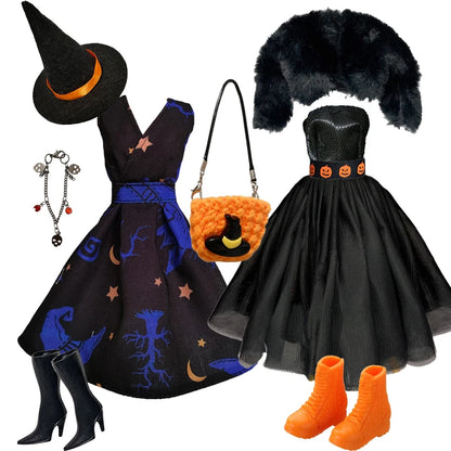1/6 Doll Halloween Cosplay Outfit – Witch Dress, Cap, Belt, Bag & Broom for 12" BJD / 30cm Dolls