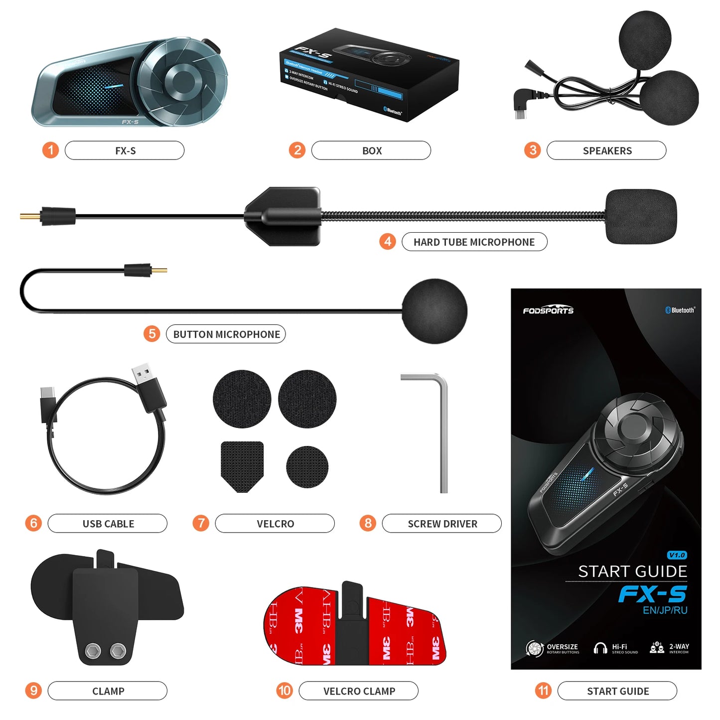 Fodsports FX-S Bluetooth Motorcycle Intercom — Wireless Helmet Headset with 1000M Range, BT5.4