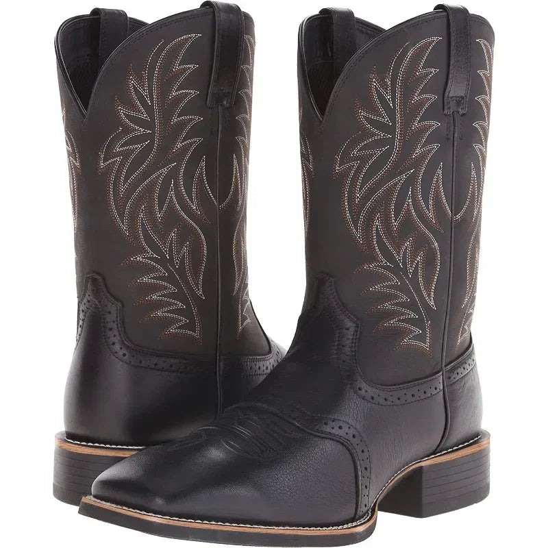 Men's Embroidered Cowboy Boots - Retro Handmade Pointed Toe Western Boots with Hand-Stitched Detail
