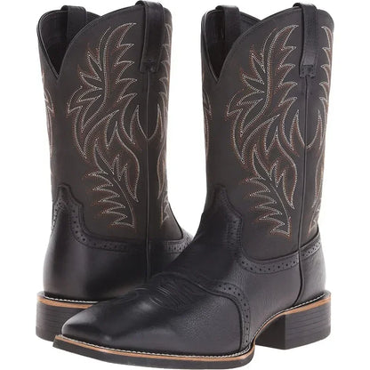 Men's Embroidered Cowboy Boots - Retro Handmade Pointed Toe Western Boots with Hand-Stitched Detail