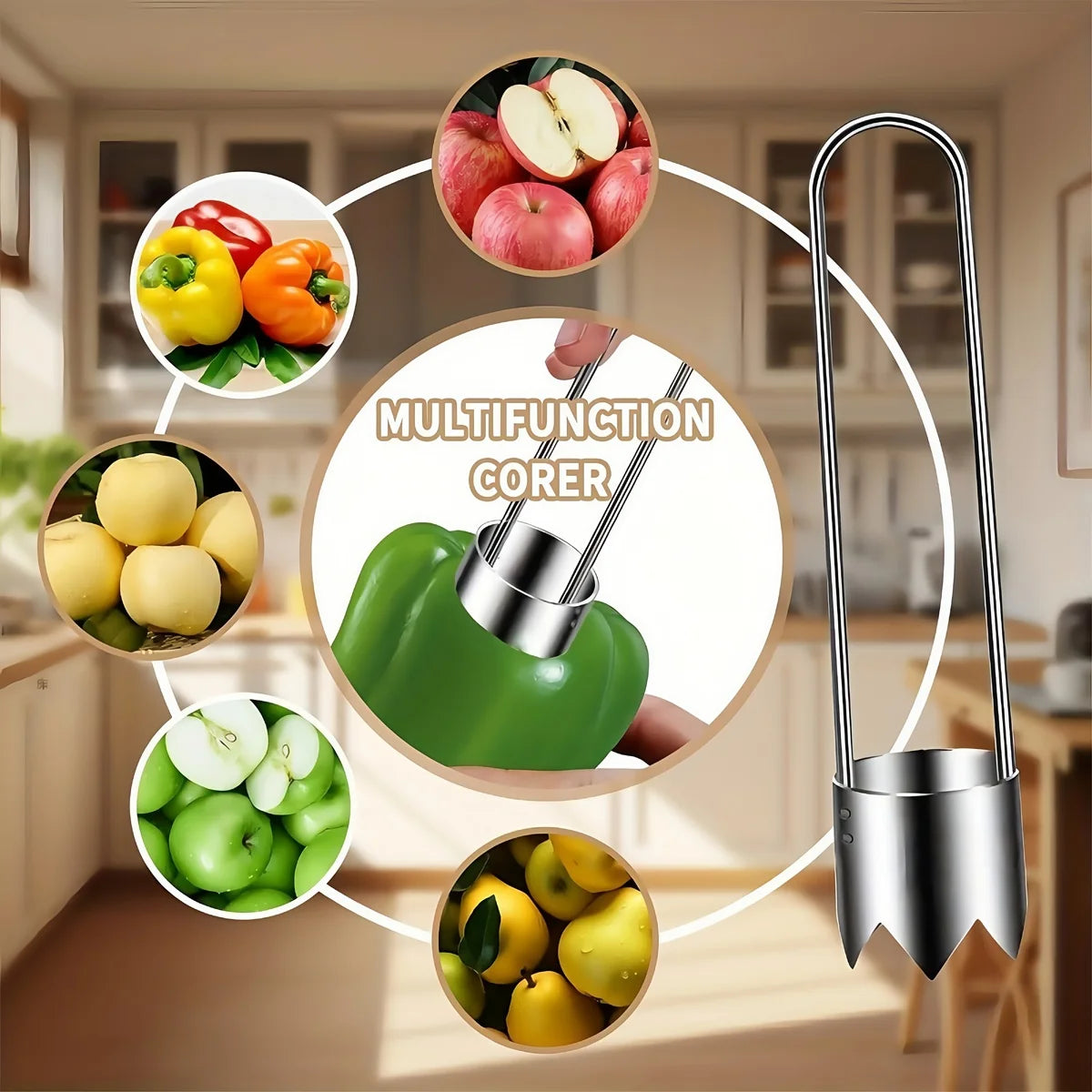 Stainless Steel Fruit & Vegetable Corer – Universal Kitchen Gadget for Apple, Pear, Tomato & Red Bell Pepper Seed Removal