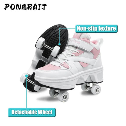 Women's High-Top 4-Wheel Roller Shoes – Fashionable Unisex Pop-Up Sneakers with Wheels, Dual-Purpose Skating & Casual Shoes