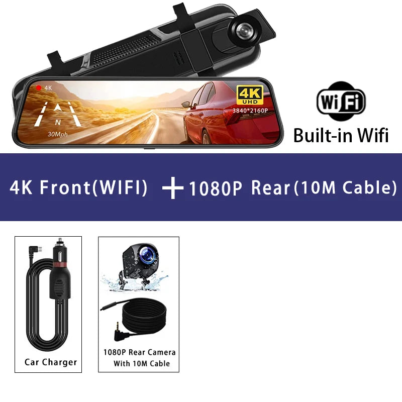10'' 4K Mirror Dash Cam with GPS & WiFi – Dual Lens Car DVR, IPS Screen, Rearview Streaming Recorder