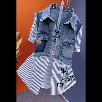 Women’s Denim Jacket – 2025 Casual Fashion, Fake Two Denim Shirts with Striped Stitching, Spring & Autumn Coat