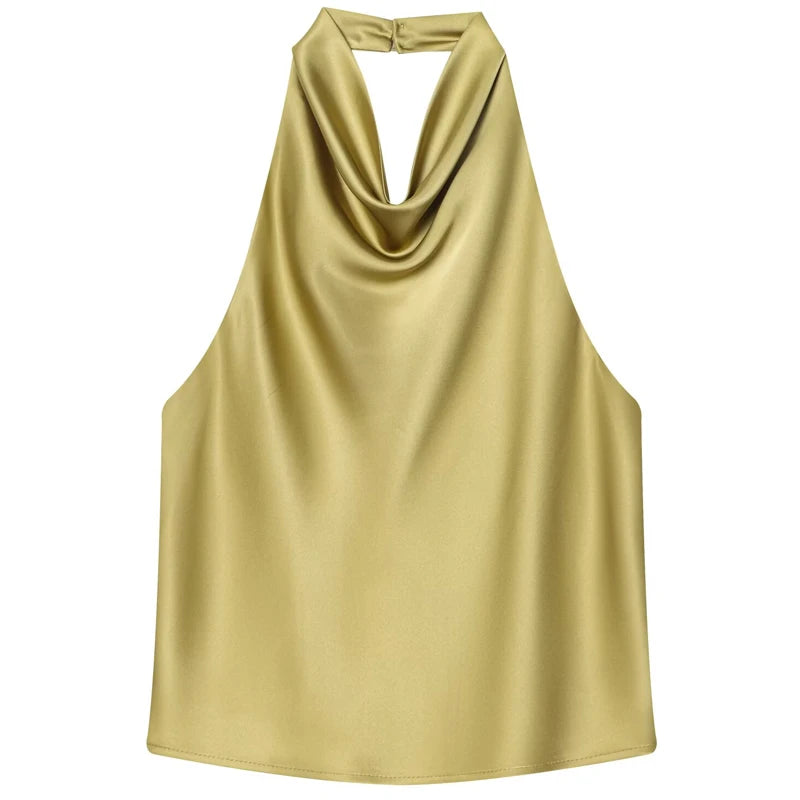 HXAO Women’s Satin Halter Top – Summer 2025 Black & Yellow Crop Tank, Off-Shoulder Sleeveless Backless Vest