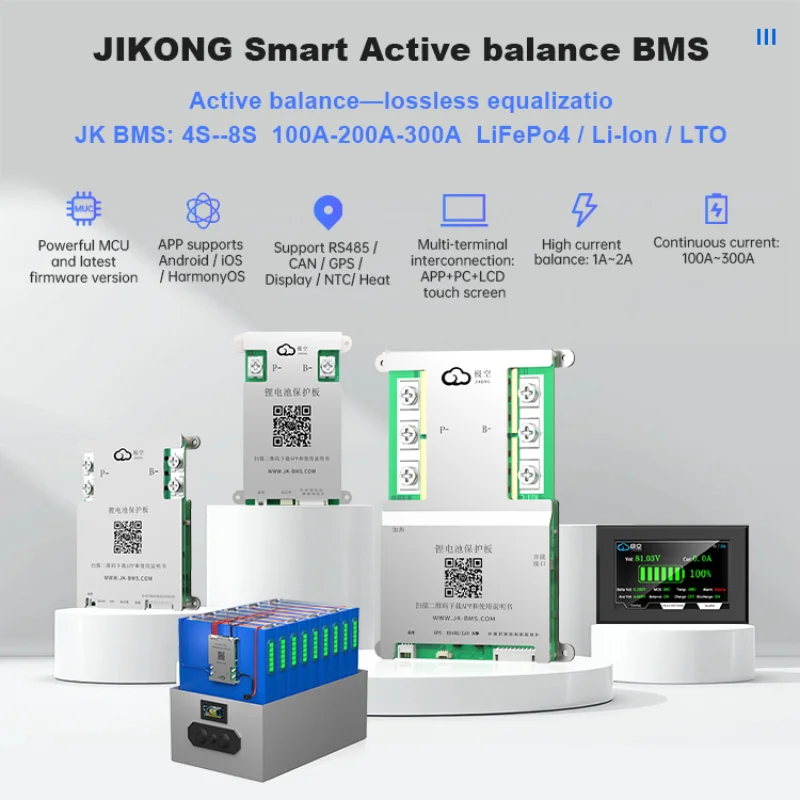 JK BMS 100A 8S 24V Smart Battery Management System - 1A Active Balance LiFePO4 & Li-Ion BMS with RS485, CAN, Bluetooth & App Support