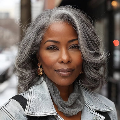 Soul Lady Salt & Pepper 5x5 Glueless HD Lace Closure Wig – Body Wave Bob, Silver Grey Loose Wave Human Hair for Black Women