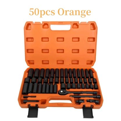 50PCS 3/8 Inch Pneumatic Socket Set - Metric Long & Short Sleeves for Auto Repair, Machinery & Hardware Tools