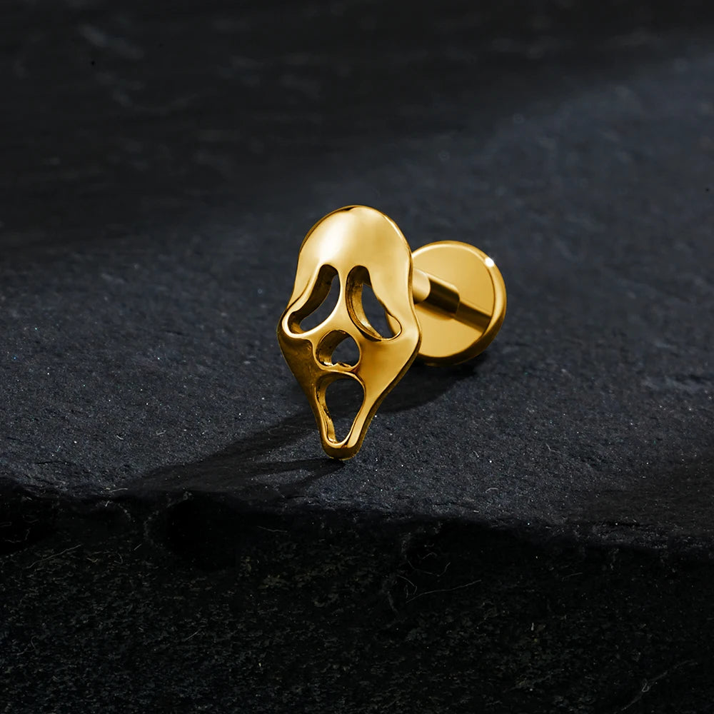 Right Grand ASTM F136 Titanium 16G Ghost Face Flat Back Earring – Halloween CZ Cartilage Stud for Helix, Labret & Nose Piercing Jewelry