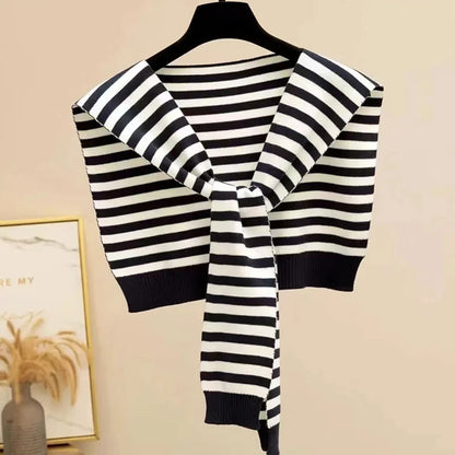 Striped Knitted Shawl Scarf – Warm Winter Cape with Fake Collar for Women