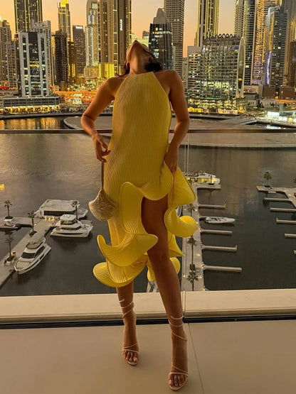 Women’s Yellow Halter Maxi Dress – Ribbed Knit, Ruffled High-Slit Slim-Fit Vestido, Spring 2026 Trendy Fashion