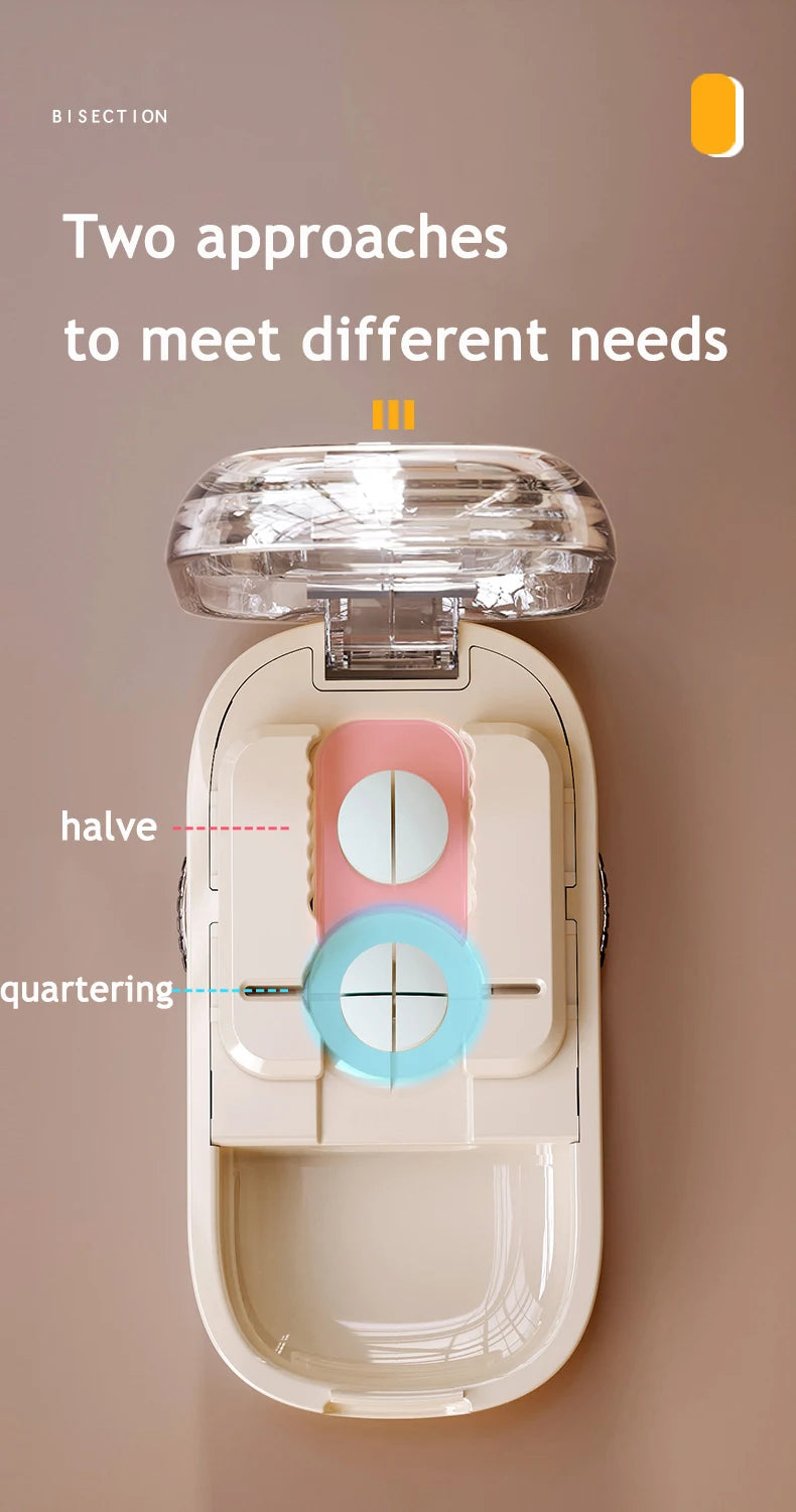 Newest Quartering Pill Cutter & Storage Box – Portable Dustproof Medicine Divider Organizer & Crusher