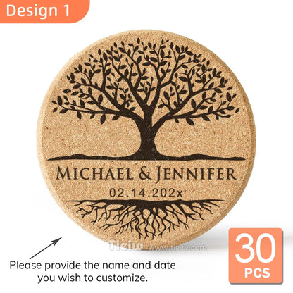 30-Piece Personalized Cork Coaster Set - Custom Tie Design Wedding Favors, Bridal Shower Gifts and Corporate Party Keepsakes