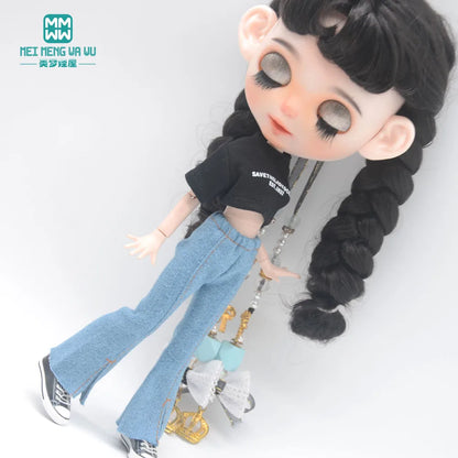 Blythe Doll Clothes – Fashion Tops, Black & White Shirts with Jeans & Plaid Pants for Azone OB22/OB24 Dolls