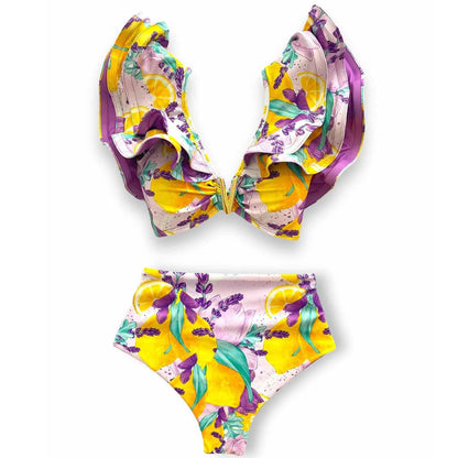 Sporlike V-Neck Ruffled Bikini Set – High Waist Sexy Printed Two-Piece Swimsuit for Women 2025