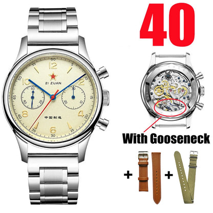 RED STAR 38mm Men's 1963 Chronograph Mechanical Watch – Pilot Air Force Aviation with Seagull ST1901 Movement & Sapphire Glass