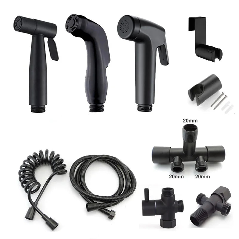 Black Toilet Bidet Sprayer Set - Handheld Bathroom Wash Spray Gun with Flexible Hose, Water Valve & Cleaning Shower Head