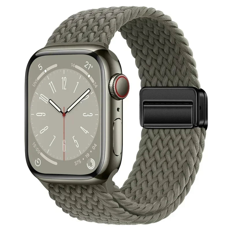 Nylon Braided Loop Apple Watch Band – Magnetic Metal Bracelet Strap for Ultra 2, Series 3–9 & SE (40mm–49mm) Adjustable Wristband