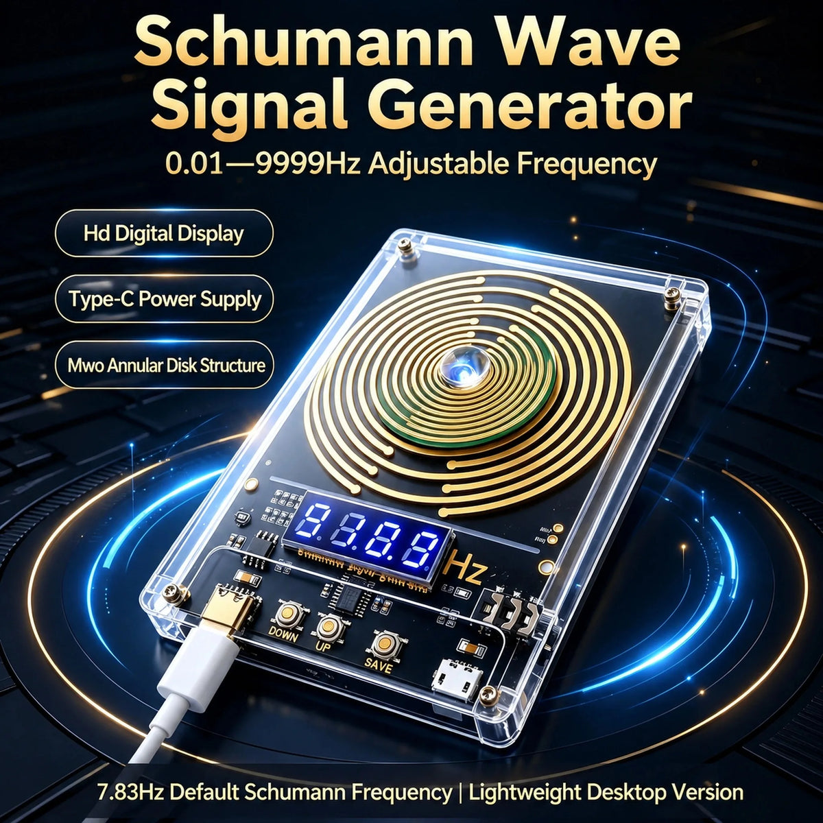 7.83Hz Schumann Wave Generator - Adjustable 0.01–99999Hz Sine Wave Signal Generator with USB-C Interface