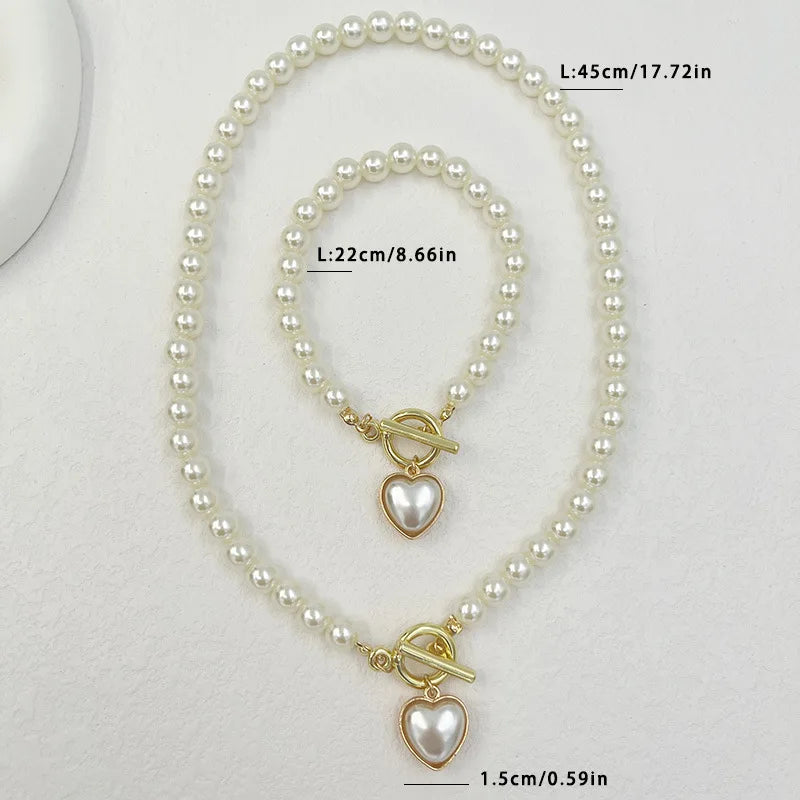 Pearl Heart Jewelry Set for Women - 2-Piece Necklace & Bracelet Imitation Pearl Chain Set