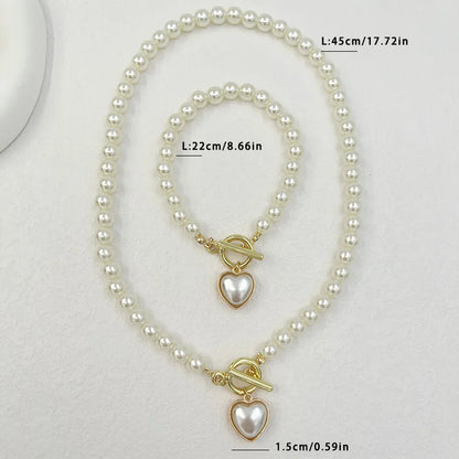 Pearl Heart Jewelry Set for Women - 2-Piece Necklace & Bracelet Imitation Pearl Chain Set