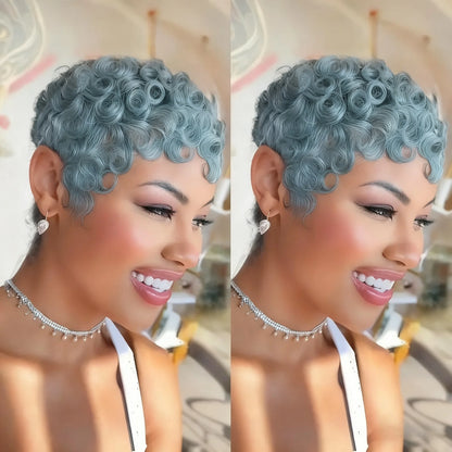 Brazilian Remy Human Hair Wig - Short Curly Pixie Cut Full Machine-Made Wig for Women