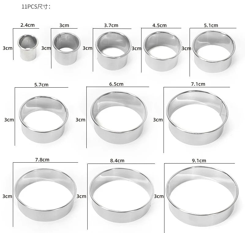 11pcs Round Stainless Steel Biscuit & Dough Cutter Set – Dumpling Skin, Cookie & Pastry Molds for Baking