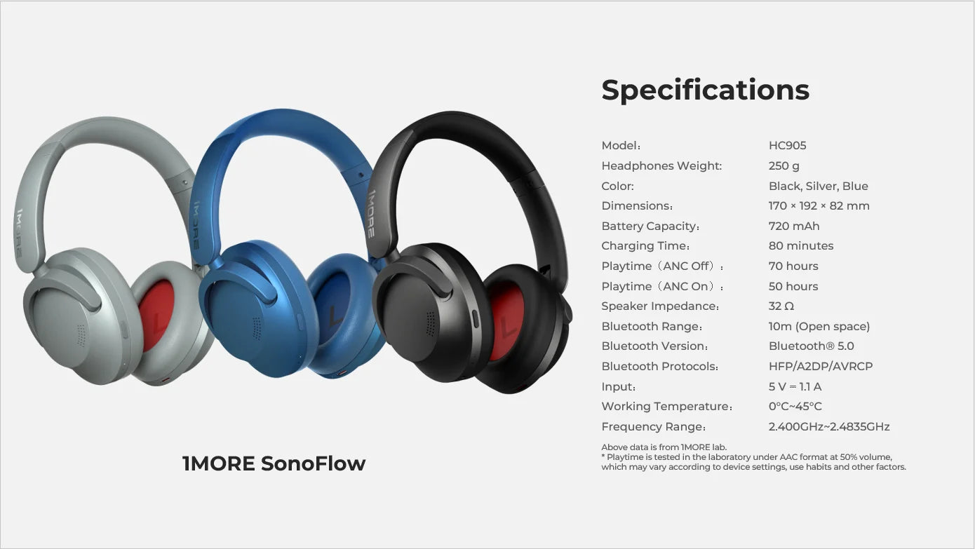 1MORE SonoFlow Active Noise Cancelling Headphones | 70H Playtime, Clear Calls, Bluetooth 5.0 Headset HC905