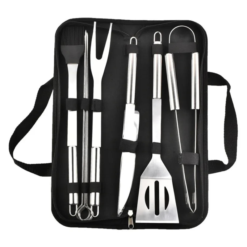 Stainless Steel BBQ Tool Set - Outdoor Barbecue Combo with Portable Storage Cloth Bag, Oven and Baking Tools
