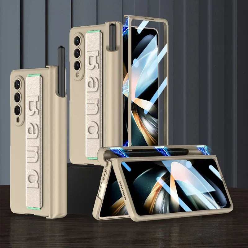 Magnetic Hinge Wrist Strap Case with Pen Slot & Screen Glass for Samsung Galaxy Z Fold 6/5/4/3 – Hard Protective Cover