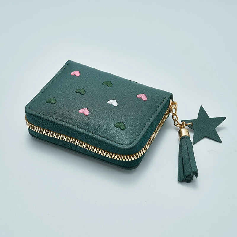Pu Leather Mini Wallet for Women - Multifunctional Money Clip with Love Embroidery and Certificate Storage