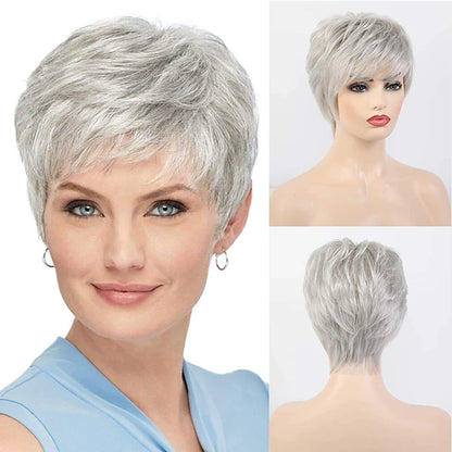 HAIRJOY Short Grey Wigs for Women – Mixed Gray & Silver Curly Wig with Bangs, Synthetic Short Hair Wig for Grandma