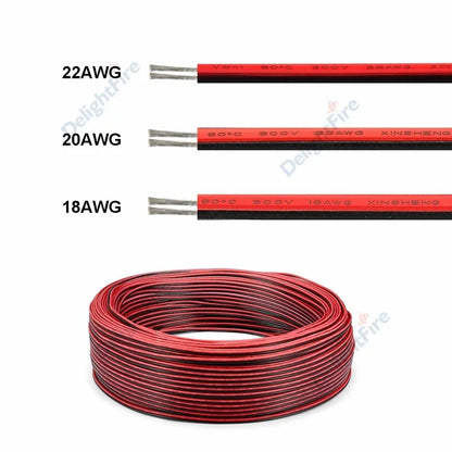 2-PIN Electrical Wire – Tinned Copper PVC Insulated Red & Black Cable for LED Strip Light Extension, 18/26/28 AWG