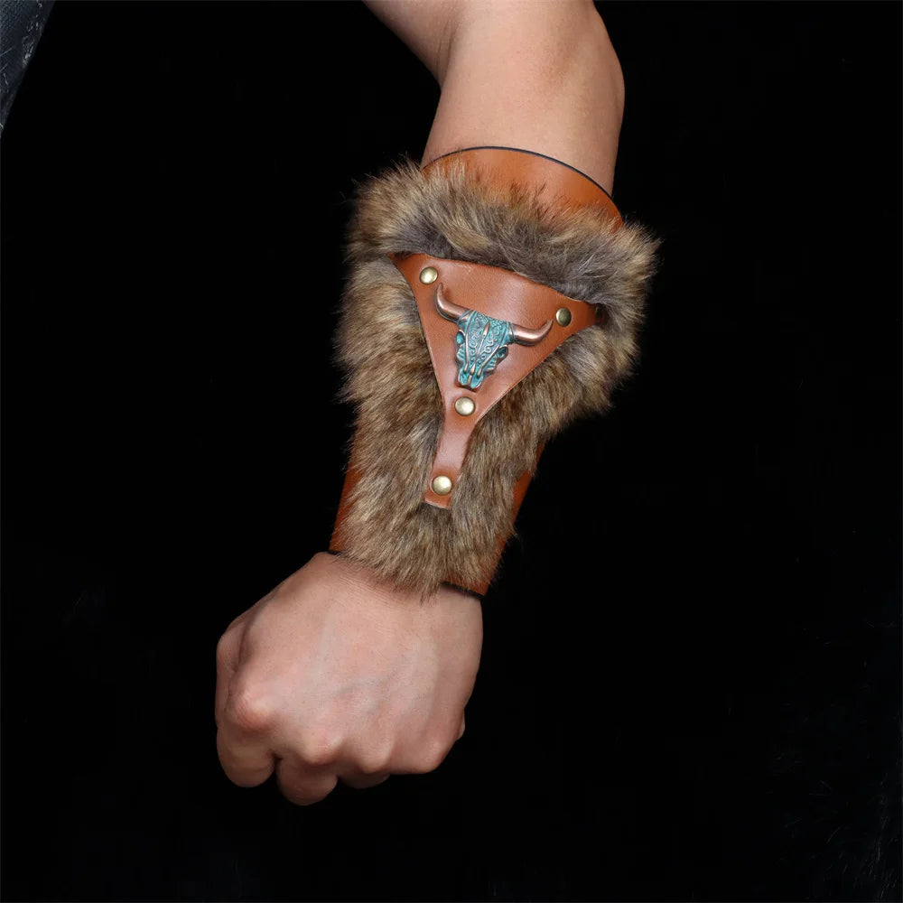 Medieval PU Leather Armor Arm Warmers – Fur Trim Bracer, Lace-Up Viking Knight Gauntlet Wristband Cosplay Props