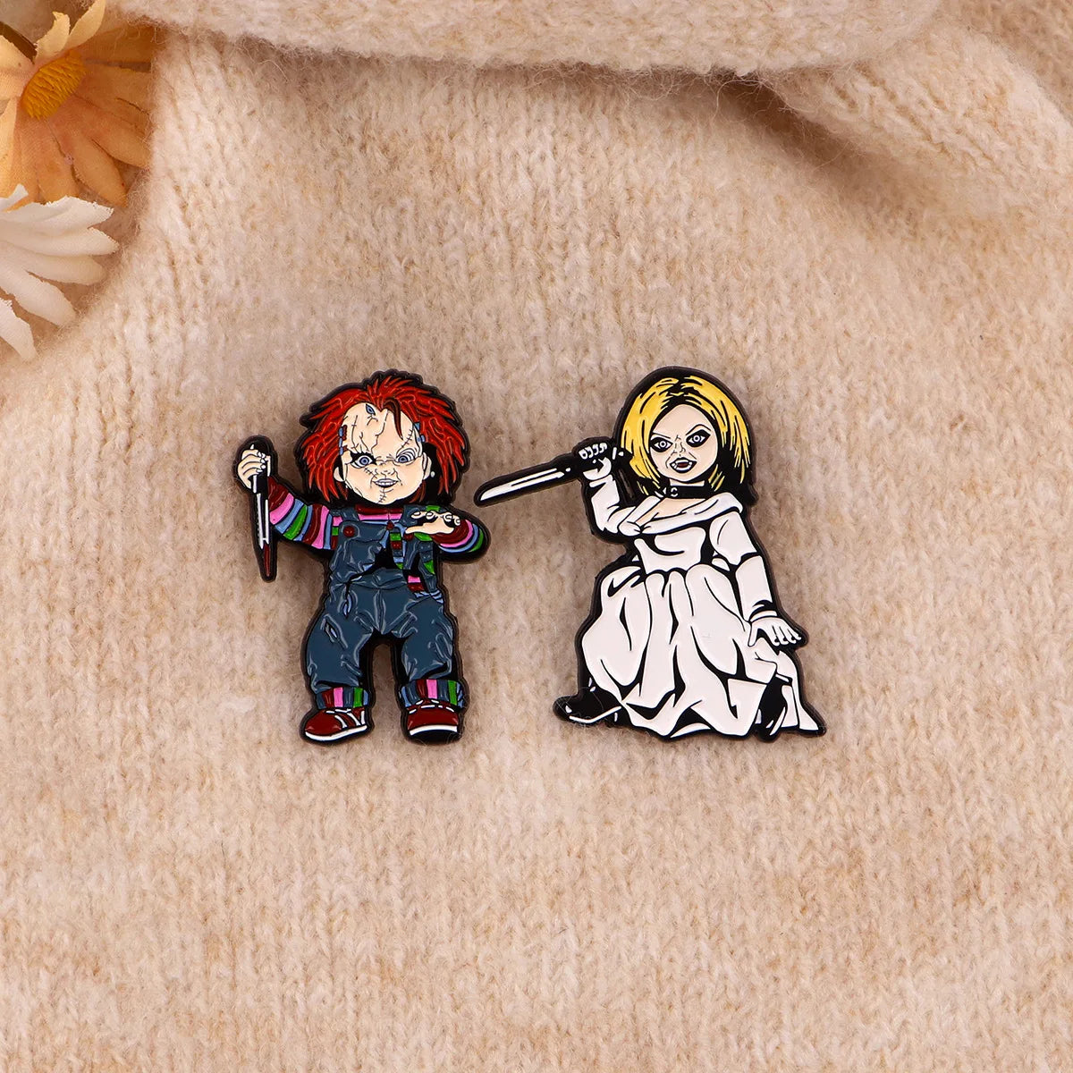 3-Piece Horror Cartoon Enamel Pin Set - Funny Metal Lapel Badges for Cosplay & Gifts