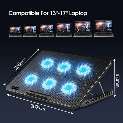 Coolcold Laptop Cooling Pad 15.6-17.3" — 6 Quiet Fans, 7 Adjustable Heights, Wind Speed Control with Mobile Phone Holder
