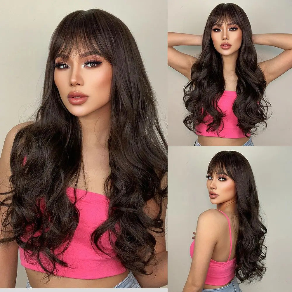 Ombre Honey Brown Long Synthetic Wig with Bangs — Wavy, Realistic, Soft, Heat-Resistant Hair for Daily & Party