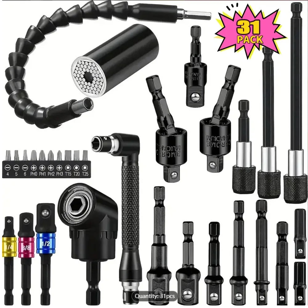 Flexible Drill Bit Extension & Right Angle Adapter Set – 105° Rotatable Hex Shank Screwdriver Bit Kit