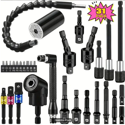 Flexible Drill Bit Extension & Right Angle Adapter Set – 105° Rotatable Hex Shank Screwdriver Bit Kit