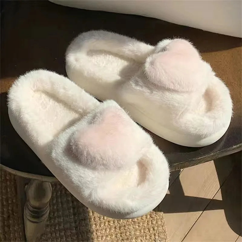 3D Love Single Band Women’s Winter Slippers – Soft Heel Platform, Warm & Fluffy Indoor Home Shoes