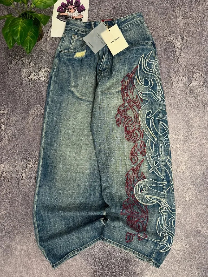 Y2K American Embroidered Baggy Jeans – Men’s Vintage Hip Hop Wide-Leg Casual Streetwear Pants