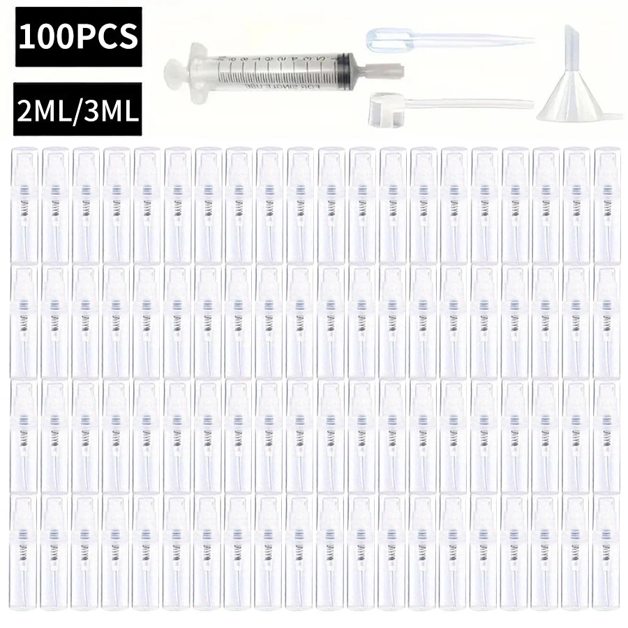 100PCS Mini Spray Bottles 2ml/3ml – BPA-Free Clear Refillable Travel Atomizer for Perfume & Cosmetics Portable Fine Mist Sprayer