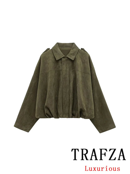 TRAFZA Women’s Casual Bomber Jacket — Oversized Lantern Sleeve Spring/Summer Coat, 2025 Streetwear Zipper Outerwear