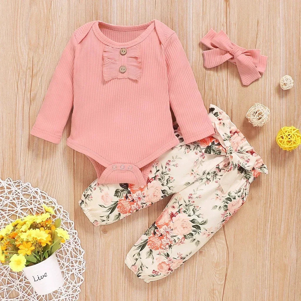 Newborn Baby Girls Clothes Set – Pink Ruffle Top & Heart Print Bow Trousers, Princess Casual Outfit for Infants