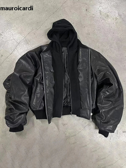 Mauroicardi Autumn Winter Oversized PU Leather Bomber Jacket for Men - Thickened Warm Hooded Luxury Designer Coat