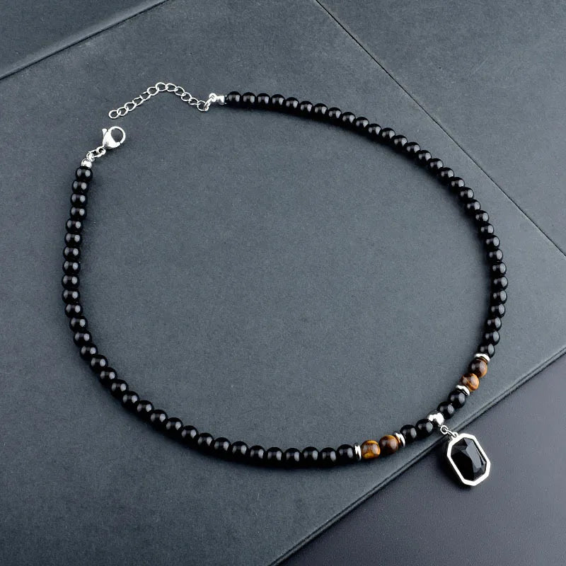 Stainless Steel Tiger Eye and Black Crystal Pendant Necklace for Men – Fashionable Natural Stone Beaded Strand Jewelry